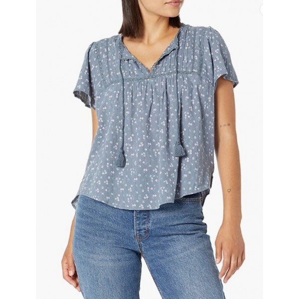 Navy Multi Women's Short Sleeve Pintuck Top