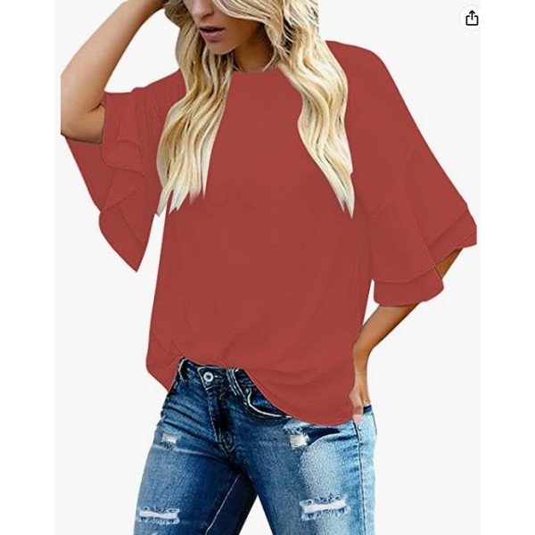 A Cranberry Women's Casual 3/4 Tiered Bell Sleeve Crewneck Loose Tops Blouses Shirt