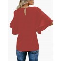 A Cranberry Women's Casual 3/4 Tiered Bell Sleeve Crewneck Loose Tops Blouses Shirt