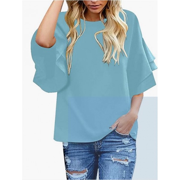 A Crystal Blue Women's Casual 3/4 Tiered Bell Sleeve Crewneck Loose Tops Blouses Shirt