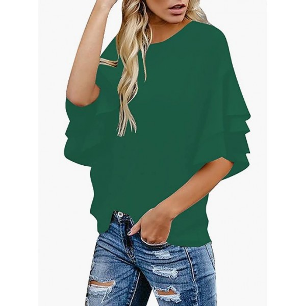 A1 Alpine Green Women's Casual 3/4 Tiered Bell Sleeve Crewneck Loose Tops Blouses Shirt