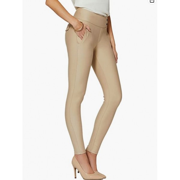 Slim Leg With Buttons - Beige Nude  Women's Stretch Dress Pants - Wear to Work - Ponte Treggings