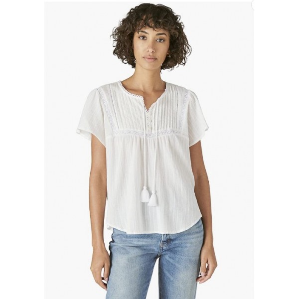 White Women's Short Sleeve Pintuck Top
