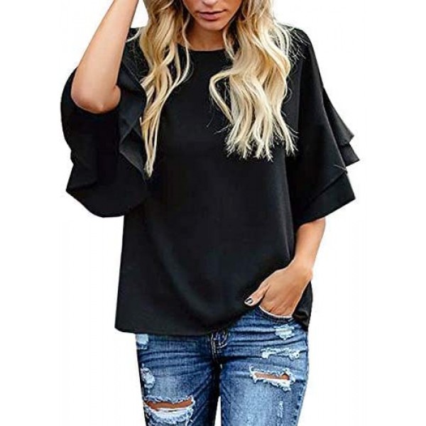 A Black Women's Casual 3/4 Tiered Bell Sleeve Crewneck Loose Tops Blouses Shirt