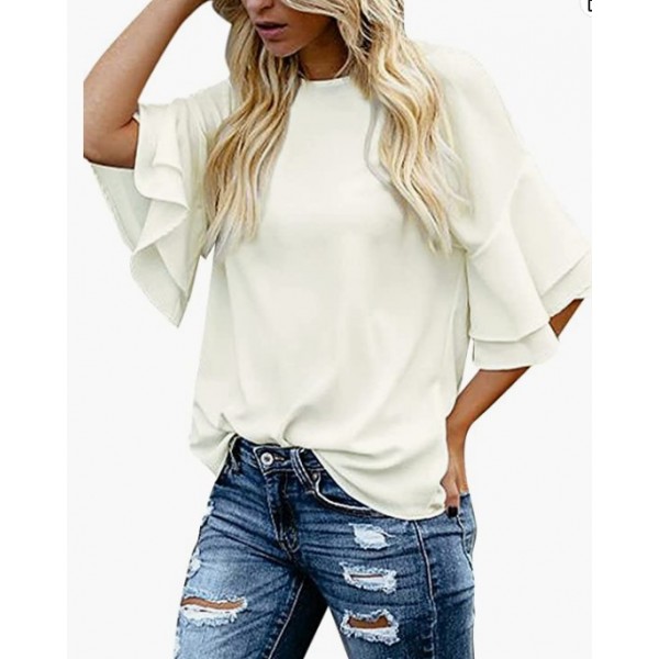 A Brilliant White Women's Casual 3/4 Tiered Bell Sleeve Crewneck Loose Tops Blouses Shirt