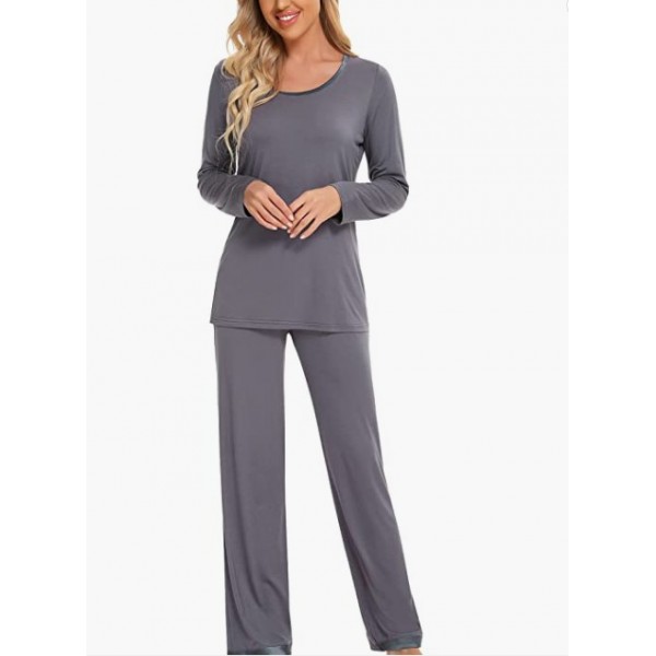 Dark Grey Womens Pajama Set Long Sleeve Pajamas Round Neck Lounge Soft Pjs S-XXL