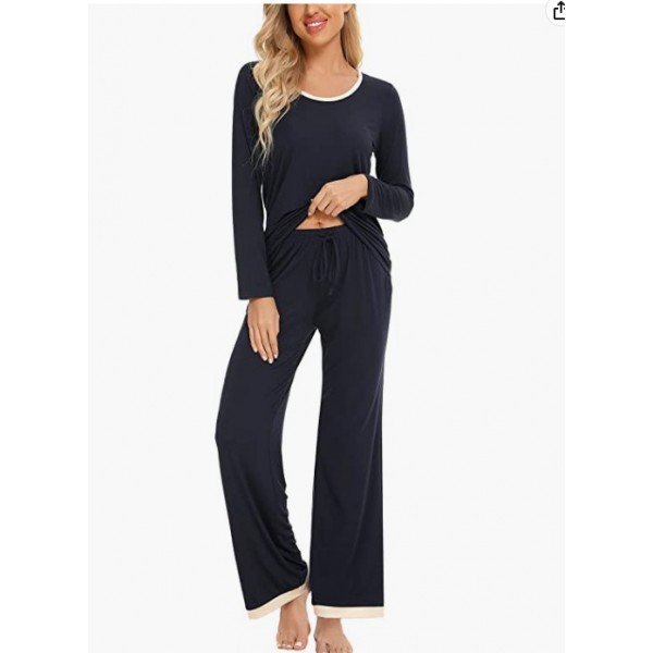 Navy Blue   Womens Pajama Set Long Sleeve Pajamas Round Neck Lounge Soft Pjs S-XXL