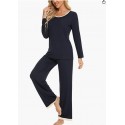 Navy Blue   Womens Pajama Set Long Sleeve Pajamas Round Neck Lounge Soft Pjs S-XXL