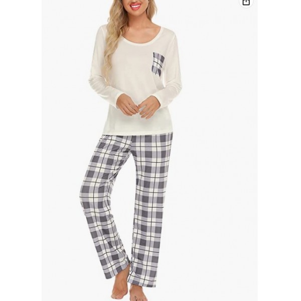 White(gray Plaid)     Womens Pajama Set Long Sleeve Pajamas Round Neck Lounge Soft Pjs S-XXL