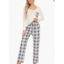 White(gray Plaid)     Womens Pajama Set Long Sleeve Pajamas Round Neck Lounge Soft Pjs S-XXL