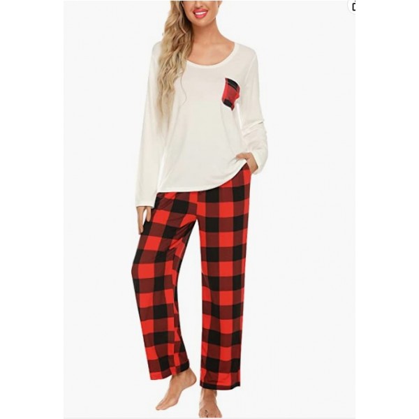 White(red Plaid)   Womens Pajama Set Long Sleeve Pajamas Round Neck Lounge Soft Pjs S-XXL