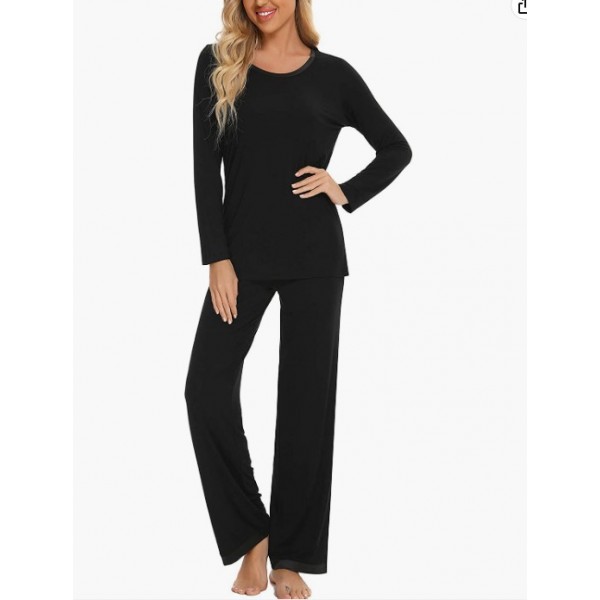 Black   Womens Pajama Set Long Sleeve Pajamas Round Neck Lounge Soft Pjs S-XXL