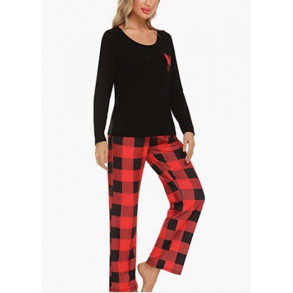 Black(red Plaid)   Womens Pajama Set Long Sleeve Pajamas Round Neck Lounge Soft Pjs S-XXL