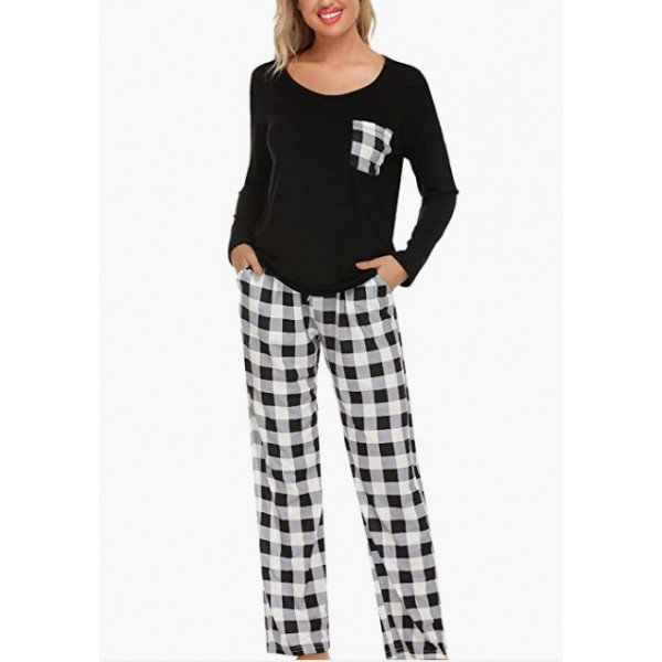 Black(white Plaid)   Womens Pajama Set Long Sleeve Pajamas Round Neck Lounge Soft Pjs S-XXL