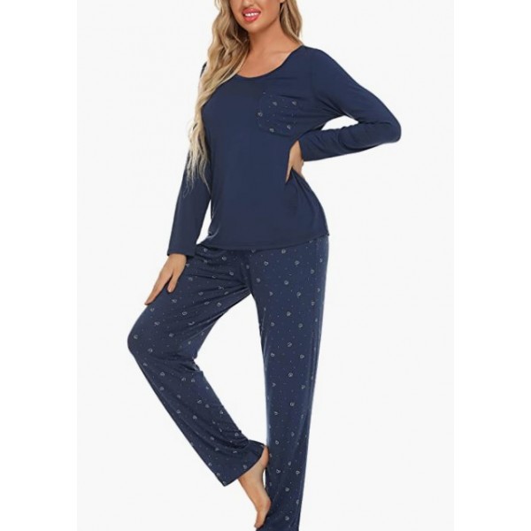 Blue(heart Print)   Womens Pajama Set Long Sleeve Pajamas Round Neck Lounge Soft Pjs S-XXL