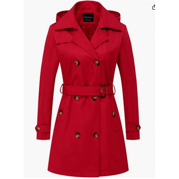 Red  Women's Trench Coat Double-Breasted Classic Lapel Overcoat Belted Slim Outerwear Coat with Detachable Hood