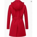 Red  Women's Trench Coat Double-Breasted Classic Lapel Overcoat Belted Slim Outerwear Coat with Detachable Hood