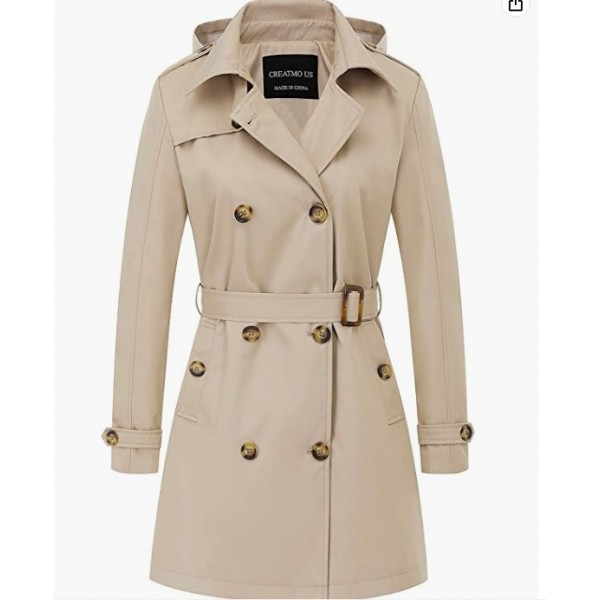 Khaki  Women's Trench Coat Double-Breasted Classic Lapel Overcoat Belted Slim Outerwear Coat with Detachable Hood