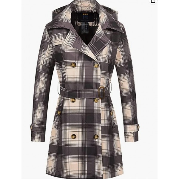 Plaid  Women's Trench Coat Double-Breasted Classic Lapel Overcoat Belted Slim Outerwear Coat with Detachable Hood